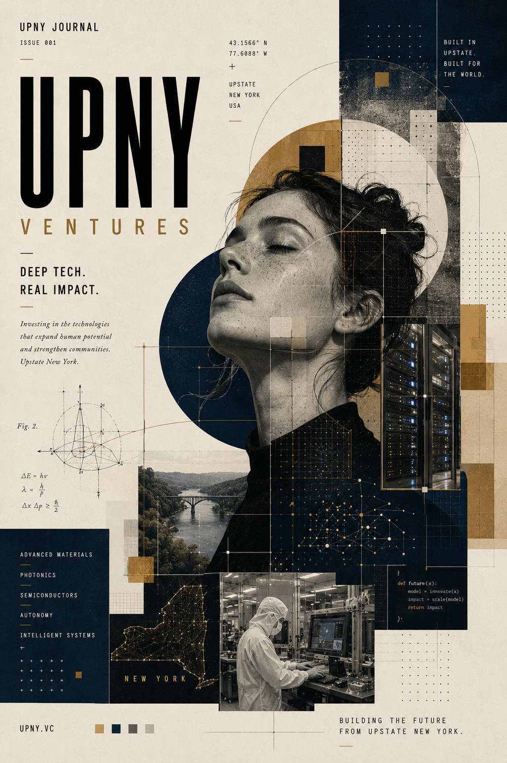 UPNY Ventures editorial collage: a portrait layered with Upstate New York landmarks, technical diagrams, and deep tech network motifs, representing the region's mix of heritage and innovation.