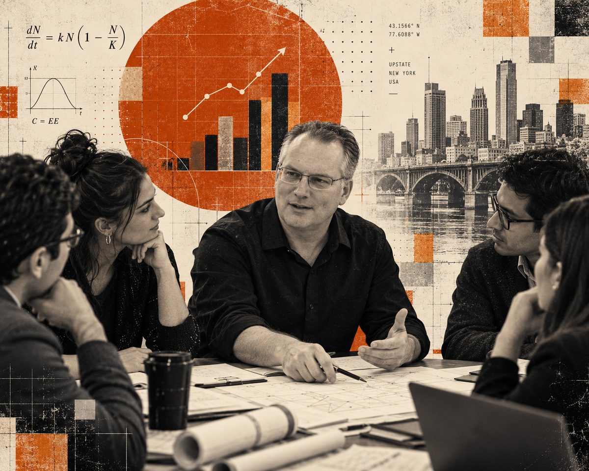 Chuck Stormon works through plans with founders around a table, with an Upstate New York skyline behind them.