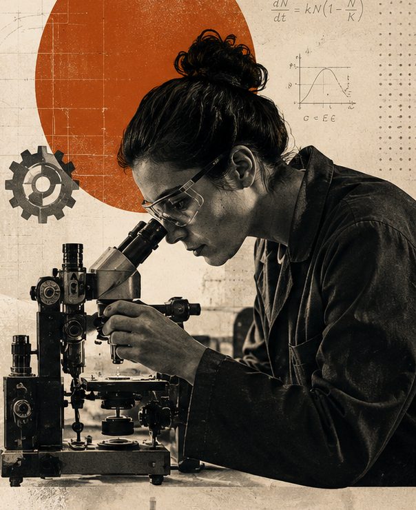 A researcher looks through a microscope.