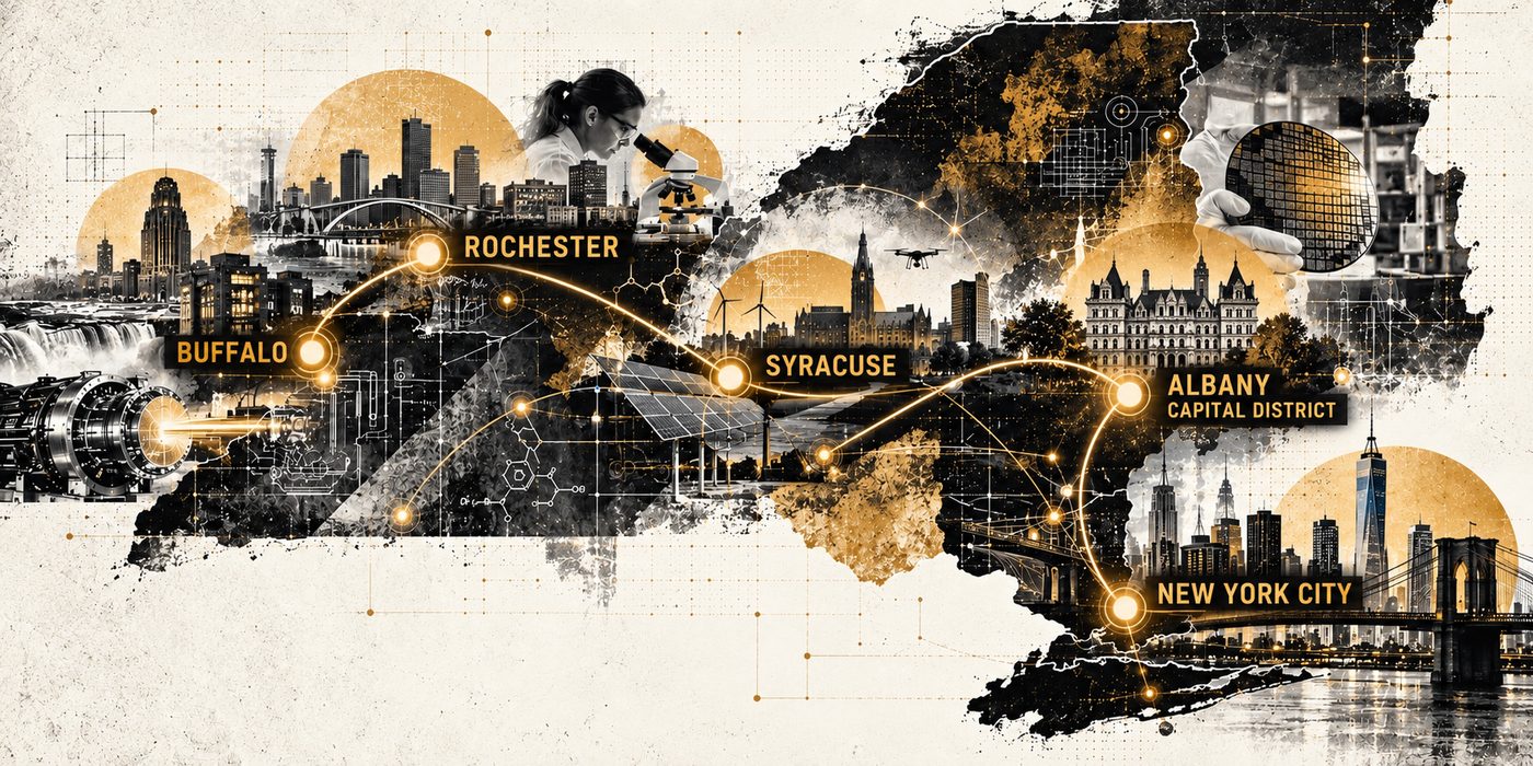Illustrated map of New York State connecting Buffalo, Rochester, Syracuse, Albany and the Capital District, and New York City, layered with labs, skylines and technology.
